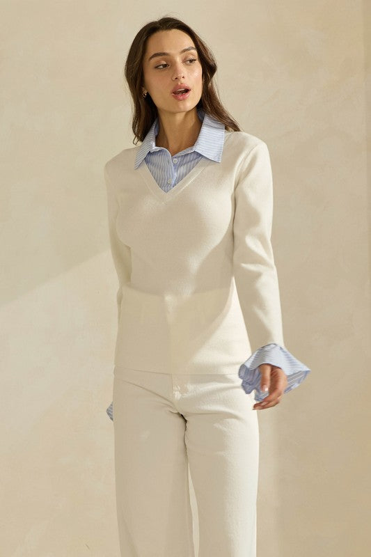 Sweater Top with Contrast Neck & Cuffs