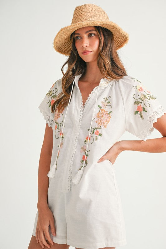 Floral Embroidered Short Sleeve Romper