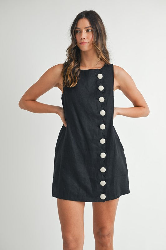 Linen Scallop Button Detail Mini Dress