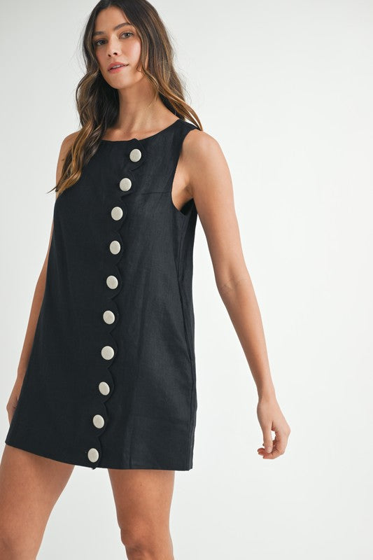Linen Scallop Button Detail Mini Dress