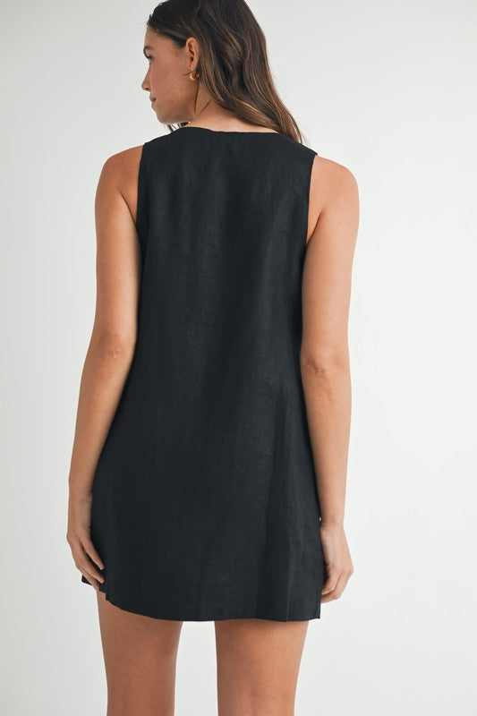 Linen Scallop Button Detail Mini Dress