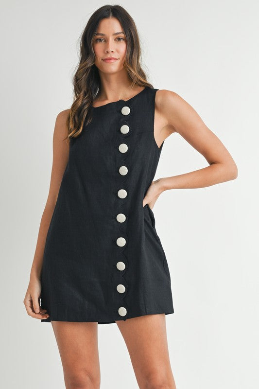 Linen Scallop Button Detail Mini Dress