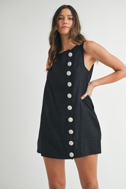 Linen Scallop Button Detail Mini Dress