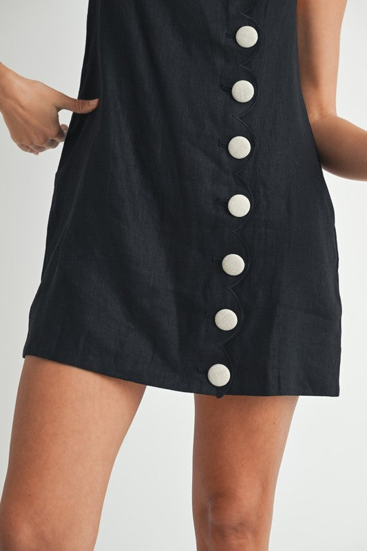 Linen Scallop Button Detail Mini Dress
