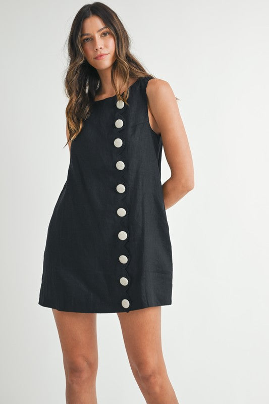 Linen Scallop Button Detail Mini Dress
