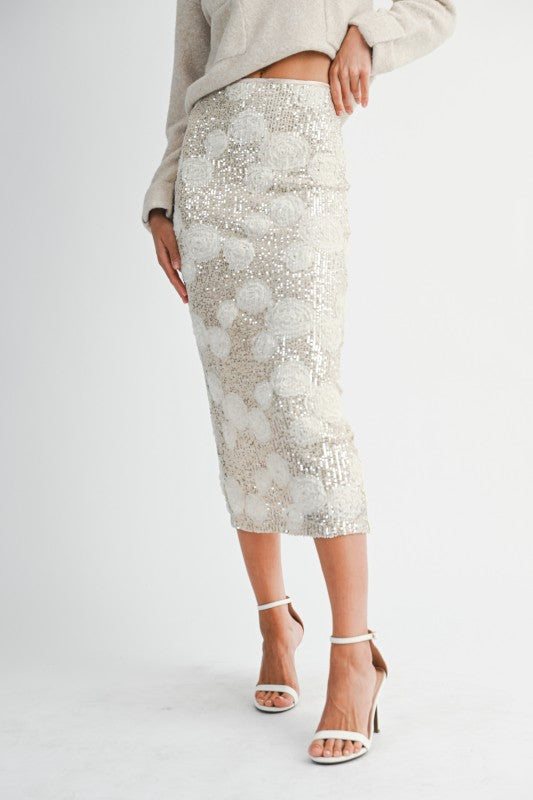 Sequin 3d Floral Applique High Waist Midi Skirt