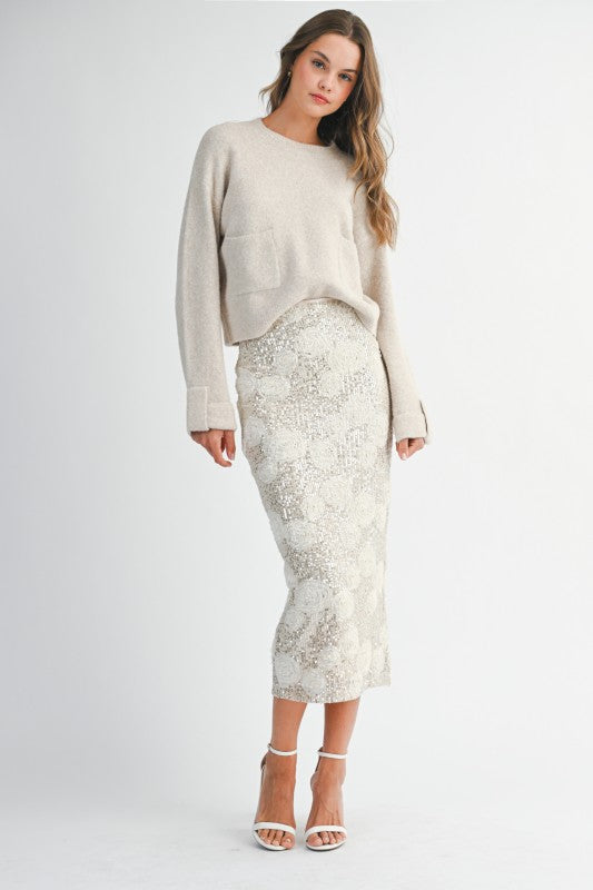 Sequin 3d Floral Applique High Waist Midi Skirt