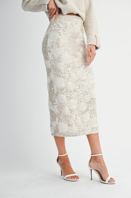 Sequin 3d Floral Applique High Waist Midi Skirt