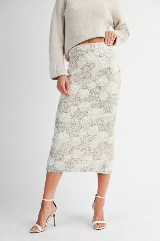 Sequin 3d Floral Applique High Waist Midi Skirt