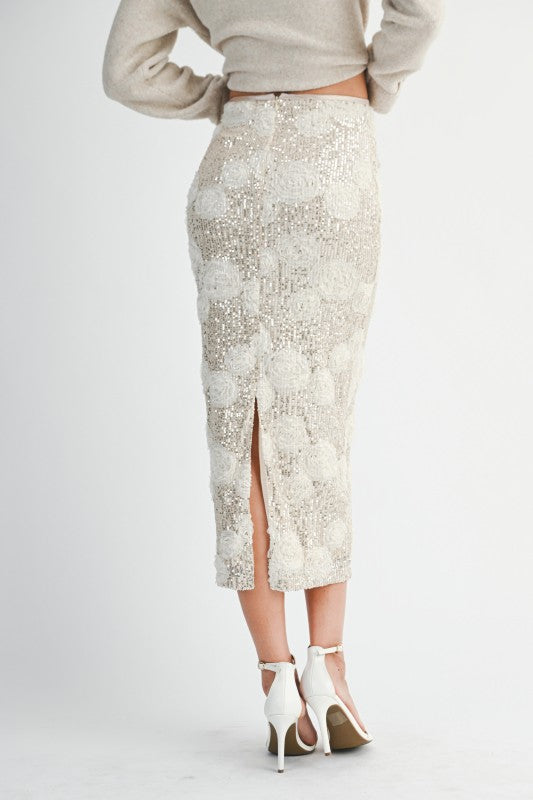 Sequin 3d Floral Applique High Waist Midi Skirt