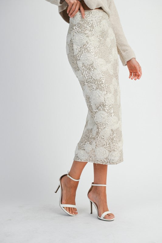 Sequin 3d Floral Applique High Waist Midi Skirt