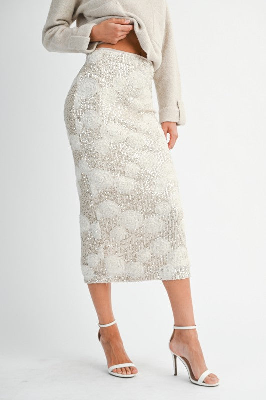 Sequin 3d Floral Applique High Waist Midi Skirt