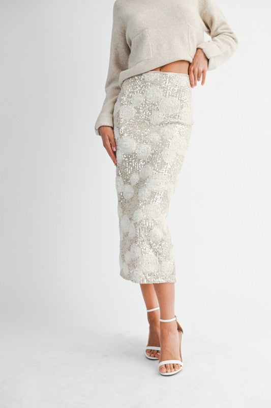 Sequin 3d Floral Applique High Waist Midi Skirt