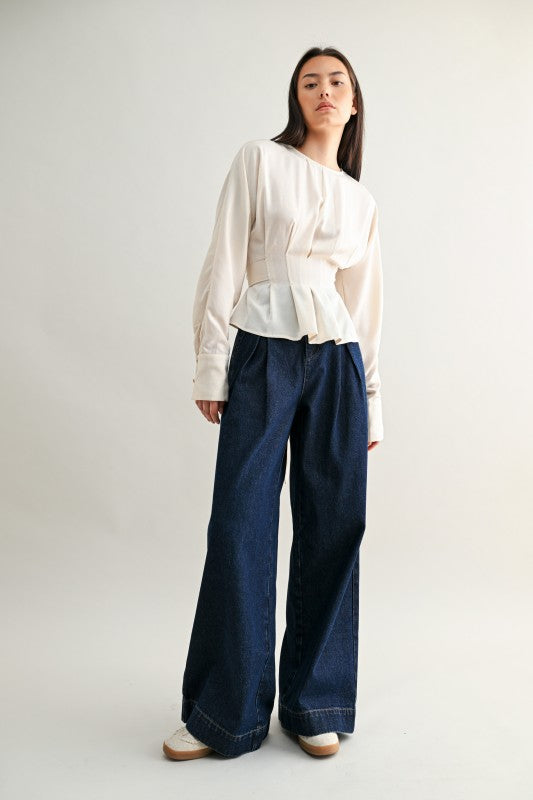Mid-rise Pleated Wide Leg Denim Pants