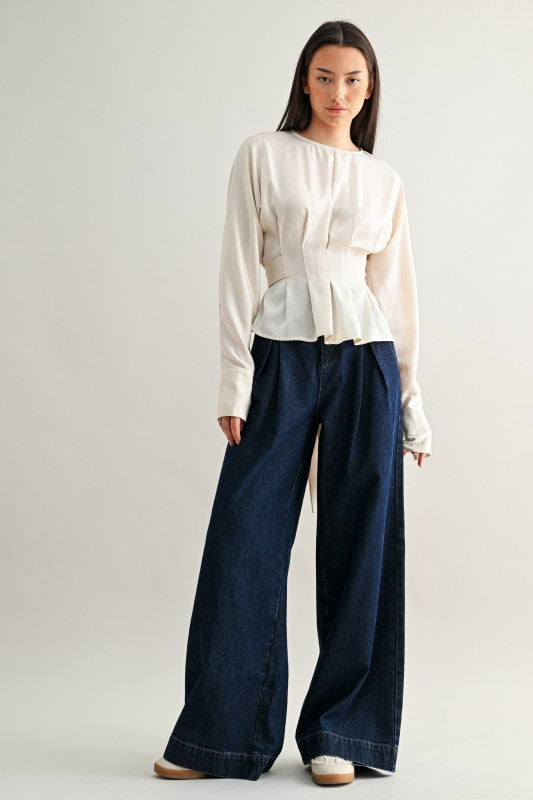 Mid-rise Pleated Wide Leg Denim Pants