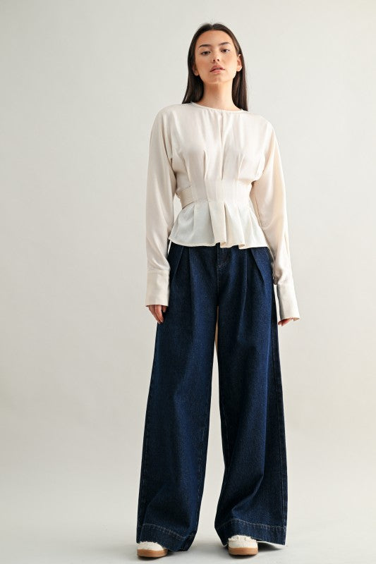 Mid-rise Pleated Wide Leg Denim Pants