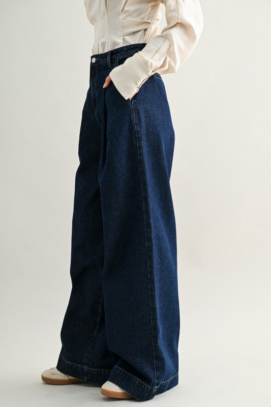 Mid-rise Pleated Wide Leg Denim Pants