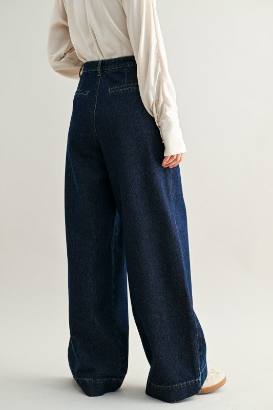 Mid-rise Pleated Wide Leg Denim Pants