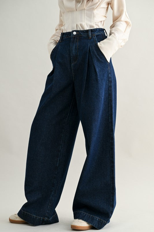 Mid-rise Pleated Wide Leg Denim Pants
