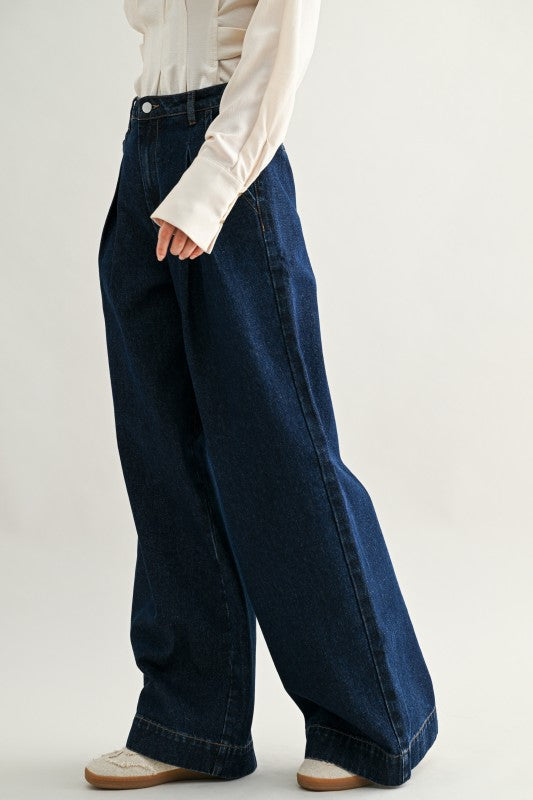 Mid-rise Pleated Wide Leg Denim Pants