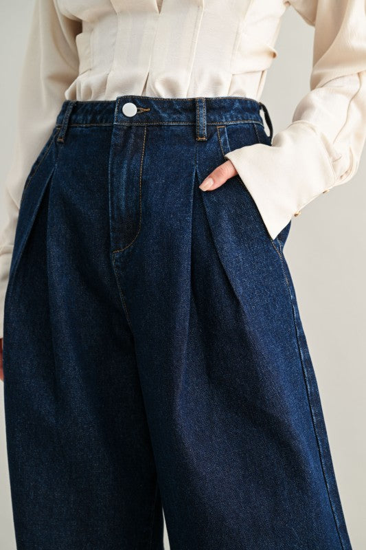 Mid-rise Pleated Wide Leg Denim Pants