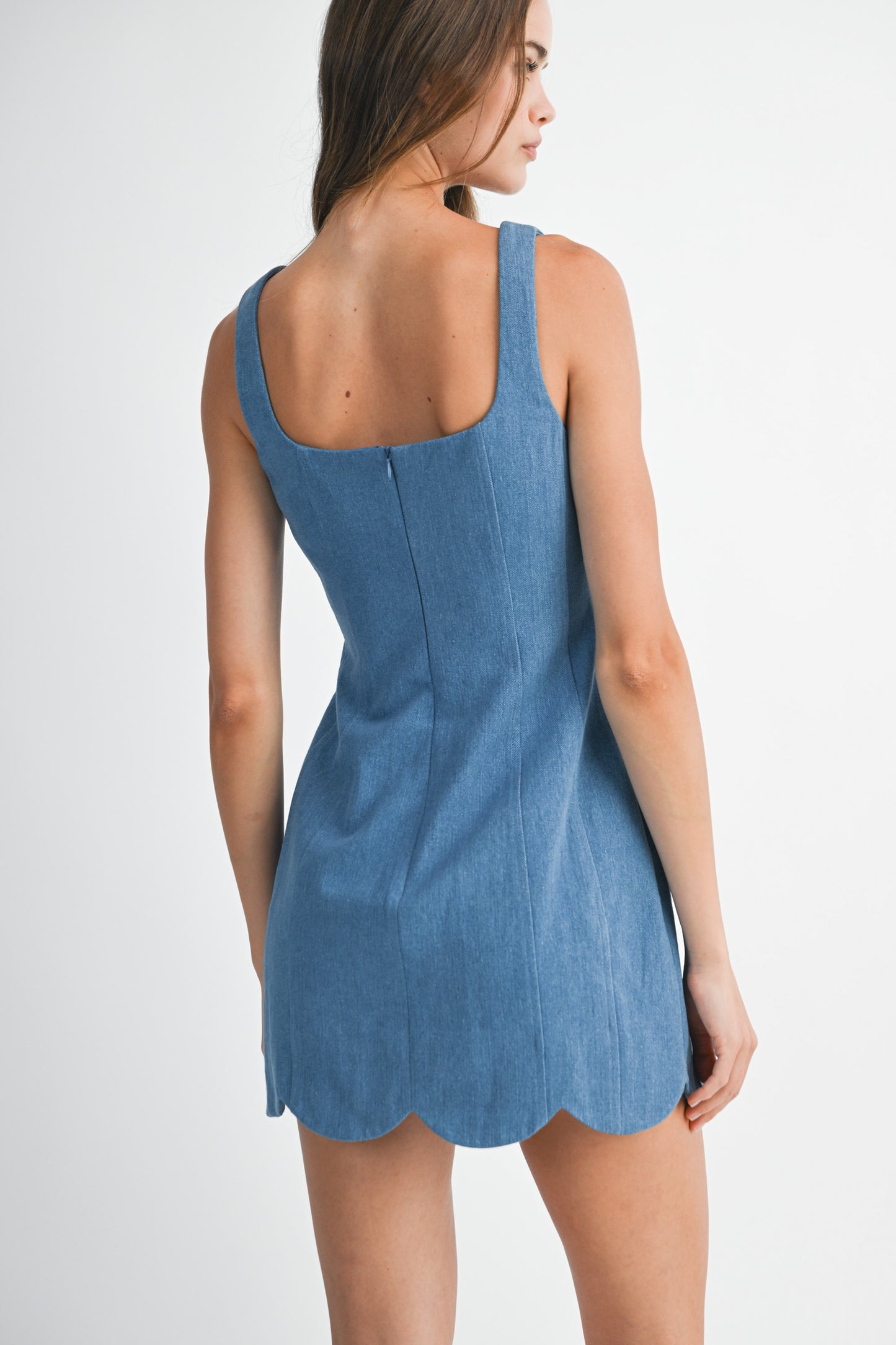 Denim Square Neckline Scallop Hem Dress