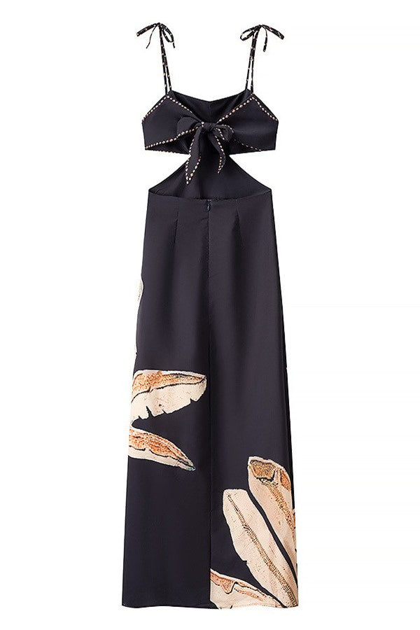 Printed Shoulder Tie Waist Cut Out Dress