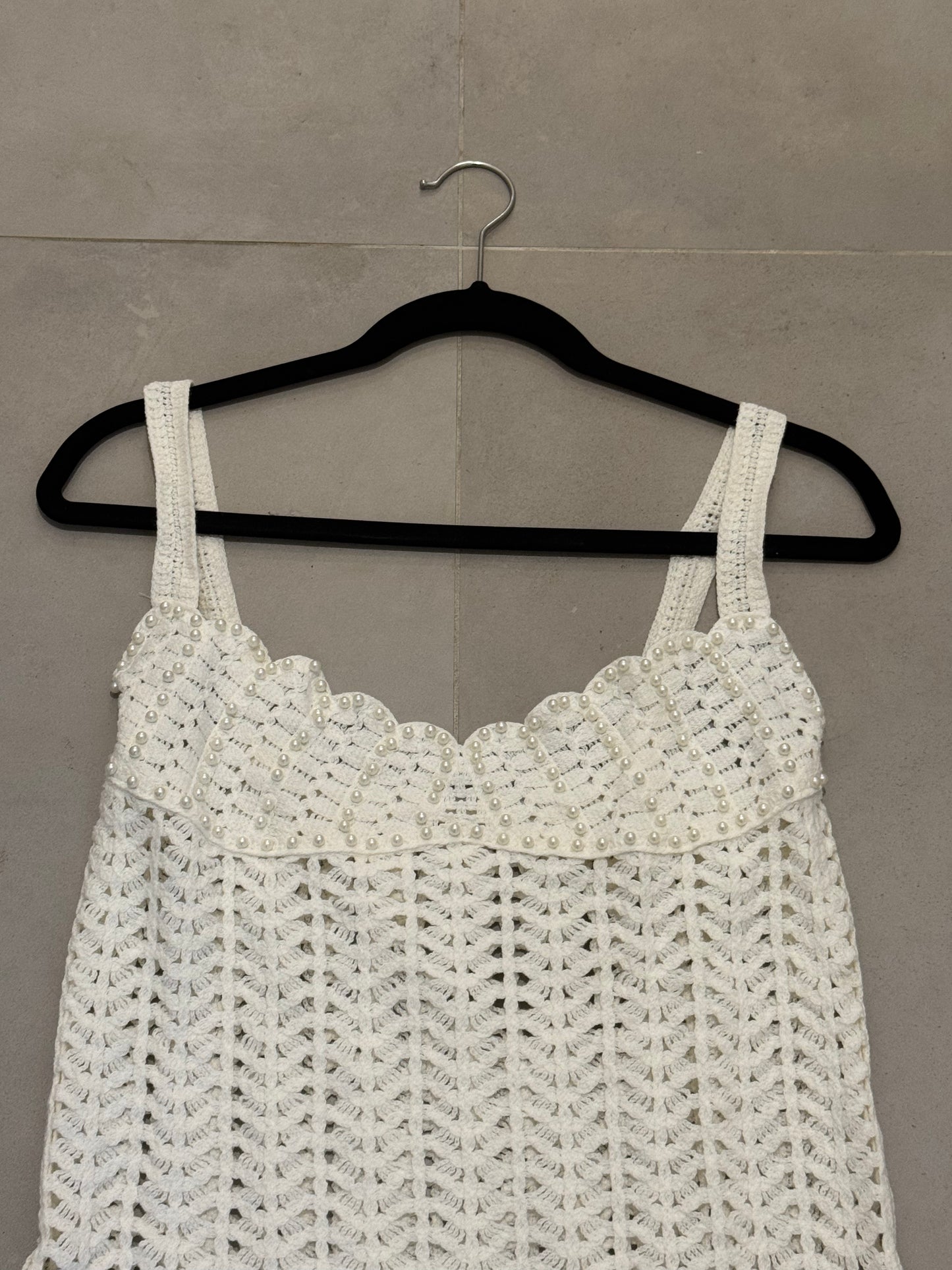 White Crochet Spaghetti Strap Pearl Hollow Out Dress