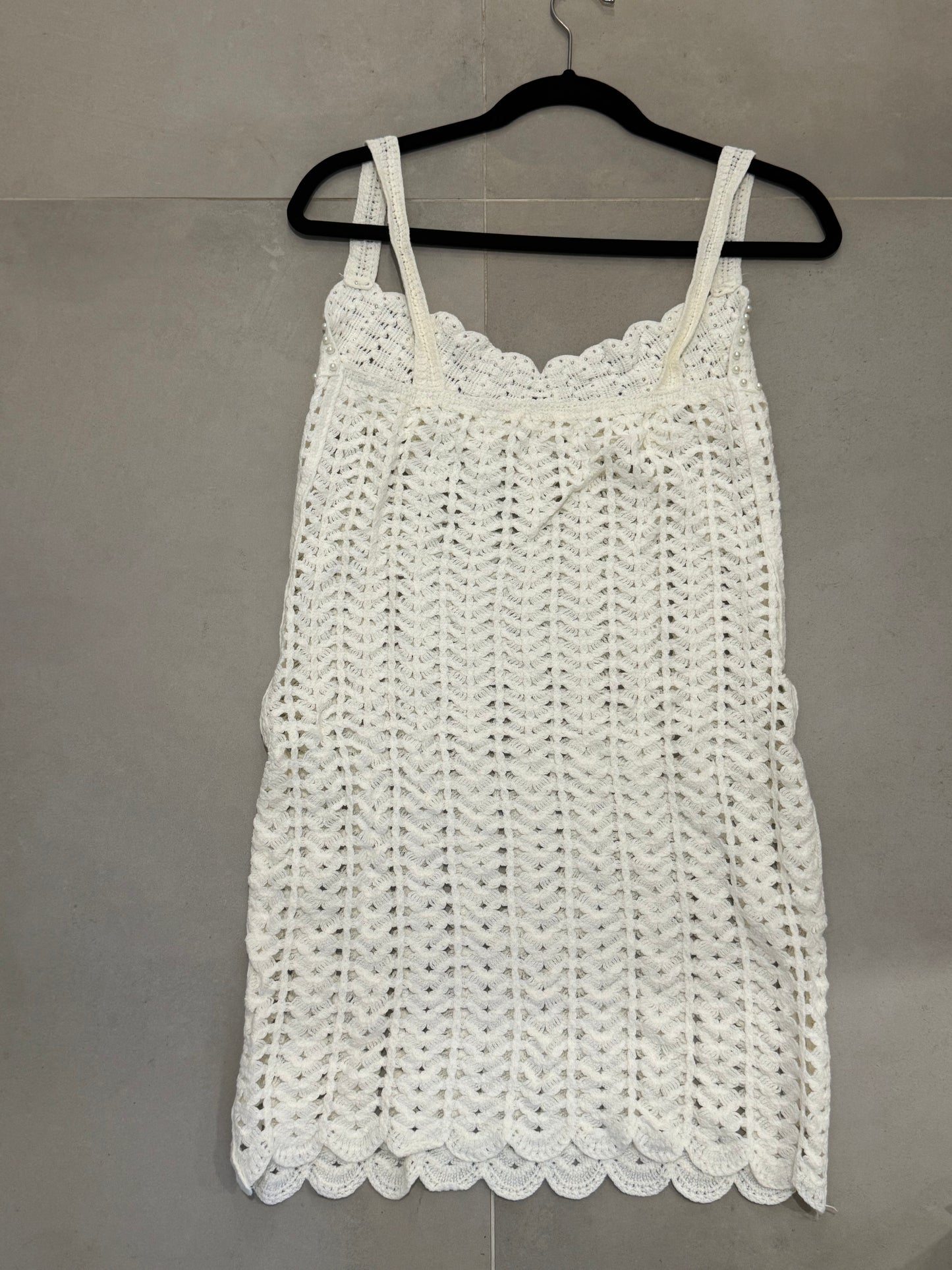 White Crochet Spaghetti Strap Pearl Hollow Out Dress