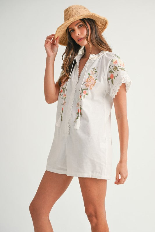 Floral Embroidered Short Sleeve Romper
