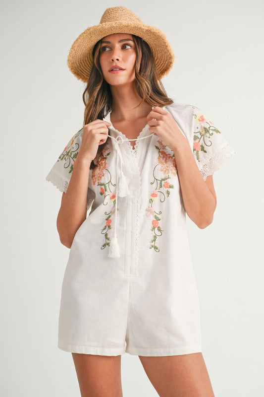 Floral Embroidered Short Sleeve Romper
