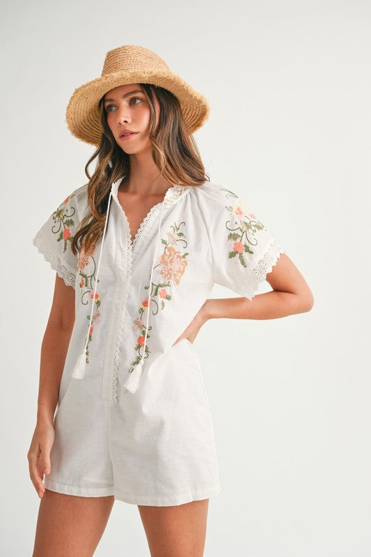 Floral Embroidered Short Sleeve Romper