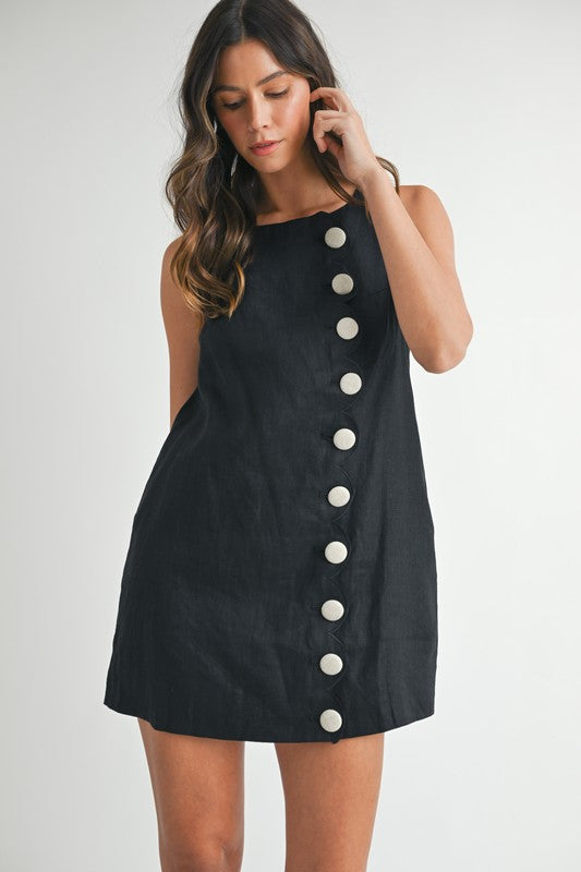 Linen Scallop Button Detail Mini Dress