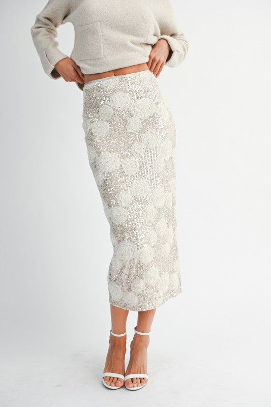 Sequin 3d Floral Applique High Waist Midi Skirt