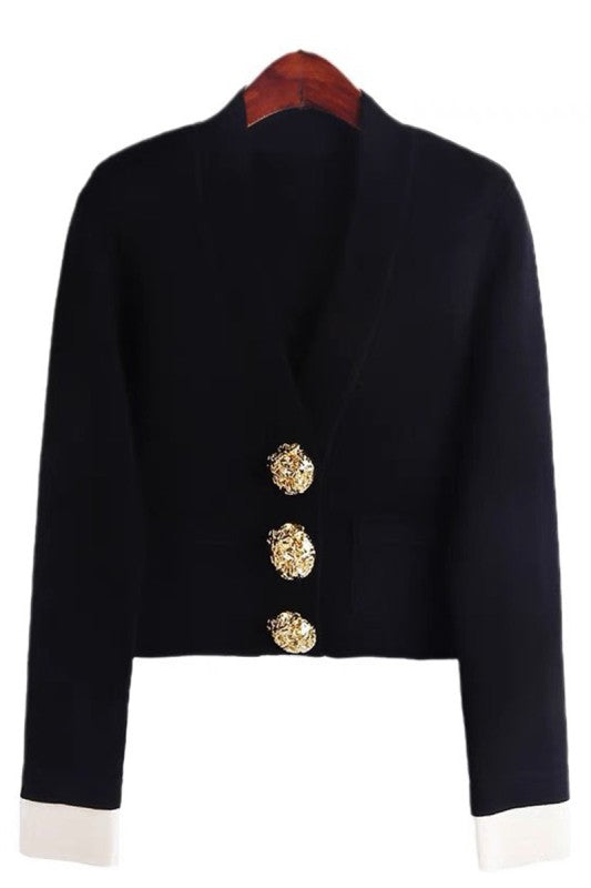 Gold Buttons V-neck Knit Cardigan Top