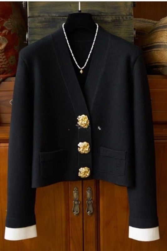 Gold Buttons V-neck Knit Cardigan Top