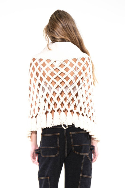 Cream Macrame Tassel Buttoned Cape Vest Top