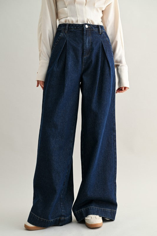 Mid-rise Pleated Wide Leg Denim Pants