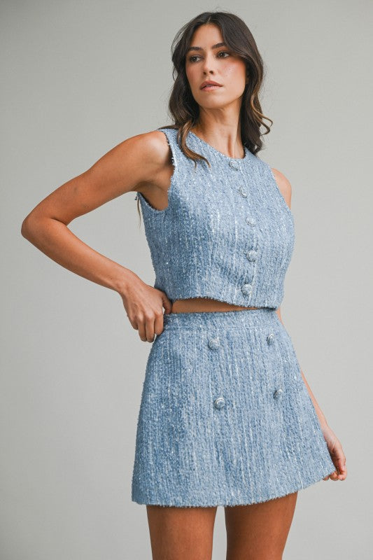 Sequin Tweed Sleeveless Top And Skirt Set