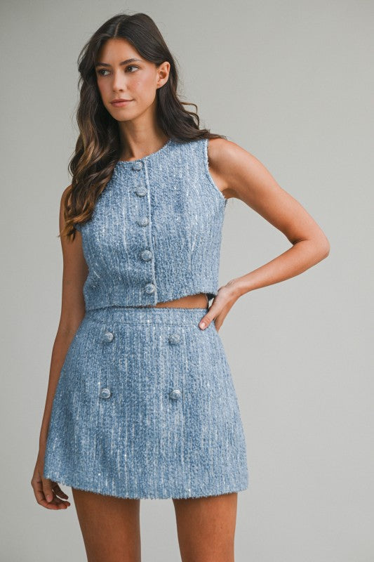 Sequin Tweed Sleeveless Top And Skirt Set