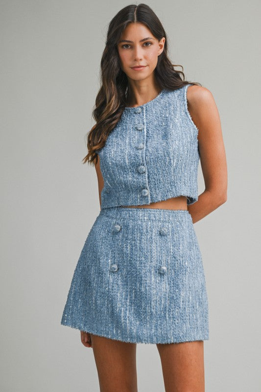 Sequin Tweed Sleeveless Top And Skirt Set
