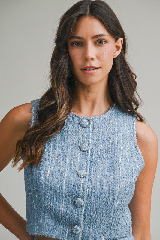 Sequin Tweed Sleeveless Top And Skirt Set