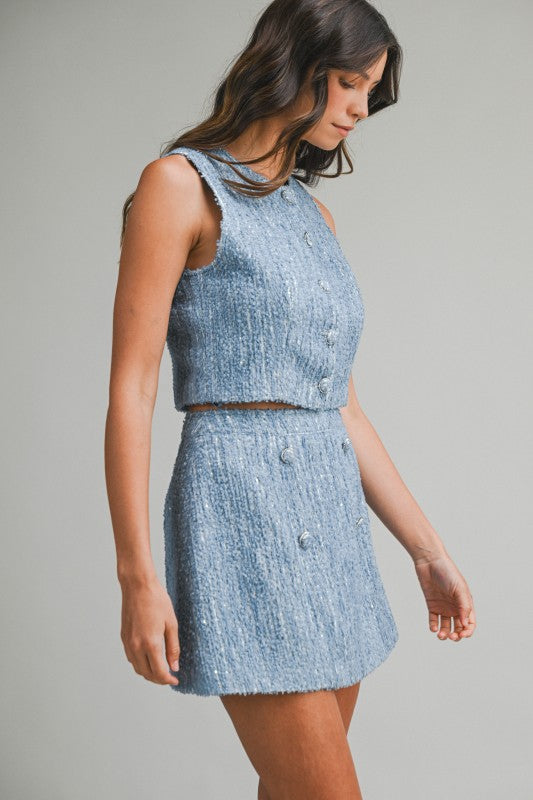 Sequin Tweed Sleeveless Top And Skirt Set