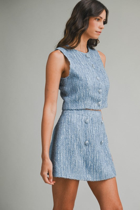 Sequin Tweed Sleeveless Top And Skirt Set