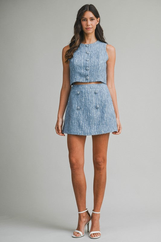 Sequin Tweed Sleeveless Top And Skirt Set