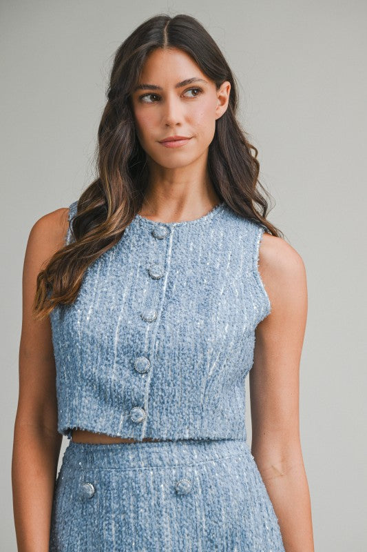 Sequin Tweed Sleeveless Top And Skirt Set