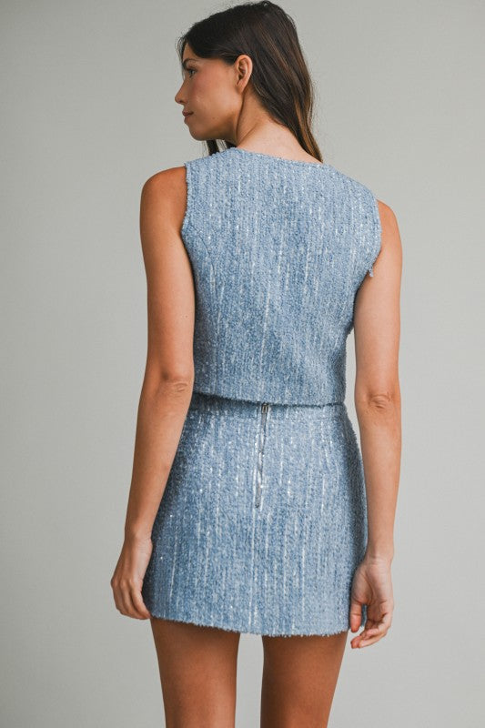 Sequin Tweed Sleeveless Top And Skirt Set