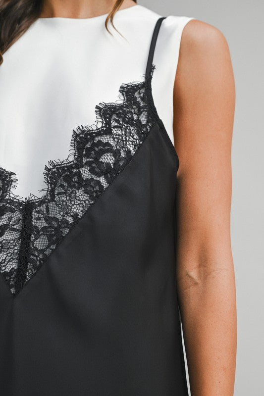Solid Sleeveless Dress With Contrast Lace Overlay