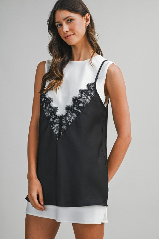 Solid Sleeveless Dress With Contrast Lace Overlay