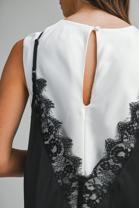 Solid Sleeveless Dress With Contrast Lace Overlay